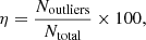 Mathematical equation: $$ \begin{aligned} \eta =\frac{N_{\rm outliers}}{N_{\rm total}}\times 100,\end{aligned} $$