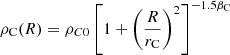 Mathematical equation: $$ \begin{aligned} \rho _{\rm C}(R) =\rho _{C0} \left[1+\left(\frac{R}{r_{\rm C}}\right)^2\right]^{-1.5\beta _{\rm C}} \end{aligned} $$