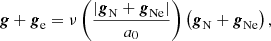 Mathematical equation: $$ \begin{aligned} \boldsymbol{g} + {\boldsymbol{g}_{\rm e}} = \nu \left(\frac{|{\boldsymbol{g}_{\rm N}}+{\boldsymbol{g}_{\rm Ne}}|}{a_0}\right) \left({\boldsymbol{g}_{\rm N}} + {\boldsymbol{g}_{\rm Ne}}\right), \end{aligned} $$