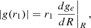 Mathematical equation: $$ \begin{aligned} |{ g}(r_1)| = r_1 \left.\frac{d { g}_e}{dR}\right|_{R}, \end{aligned} $$