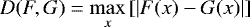 Mathematical equation: \begin{equation*}D(F,G)=\underset{x}{\max}\left[\lvert F(x)-G(x)\rvert\right]\end{equation*}