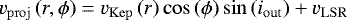Mathematical equation: \begin{equation*}v_{\mathrm{proj}}\left(r,\phi\right)=v_{\mathrm{Kep}}\left(r\right)\cos\left(\phi\right)\sin\left(i_{\mathrm{out}}\right)+v_{\mathrm{LSR}}\end{equation*}