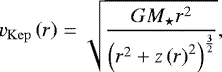 Mathematical equation: \begin{equation*}v_{\mathrm{Kep}}\left(r\right)=\sqrt{\frac{GM_{\star} r^2}{\left(r^2+z\left(r\right)^2\right)^{\frac{3}{2}}}},\end{equation*}