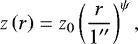 Mathematical equation: \begin{equation*}z\left(r\right)=z_0\left(\frac{r}{1\hbox{$^{\prime\prime}$}}\right)^{\psi},\end{equation*}