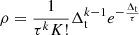 Mathematical equation: $ \rho = \frac{1}{\tau^{k}K!}\Delta_{\mathrm{t}}^{k-1}e^{-\frac{\Delta_{\mathrm{t}}}{\tau}} $