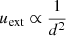 Mathematical equation: $ u_{\mathrm{ext}} \propto \frac{1}{d^2} $