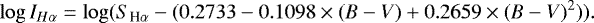 Mathematical equation: \begin{equation*} \log I_{H\alpha} = \log ( S_{\textrm{H}\alpha}-(0.2733-0.1098\times (B-V)+0.2659 \times (B-V)^2)) .\end{equation*}