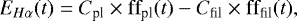 Mathematical equation: \begin{equation*} E_{H\alpha}(t)=C_{\textrm{pl}} \times {\textrm{ff}}_{\textrm{pl}}(t) - C_{\textrm{fil}} \times {\textrm{ff}}_{\textrm{fil}}(t) ,\end{equation*}