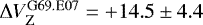 Mathematical equation: $\Delta V_{\rm{Z}}^{\rm{G69.E07}}={+}14.5\pm4.4$