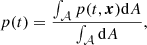 Mathematical equation: $$ \begin{aligned}&p(t)= \frac{\int _{\mathcal{A} } p(t,\boldsymbol{x}) \mathrm{d}A}{\int _{\mathcal{A} } \mathrm{d}A}, \end{aligned} $$