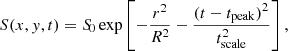 Mathematical equation: $$ \begin{aligned} S(x,{ y},t) = {S\!}_0 \exp \left[-\frac{r^2}{R^2}-\frac{(t-t_{\rm peak})^2}{t_{\rm scale}^2}\right], \end{aligned} $$