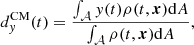 Mathematical equation: $$ \begin{aligned}&d_{ y}^\mathrm{CM}(t) = \frac{\int _{\mathcal{A} } { y}(t)\rho (t,\boldsymbol{x}) \mathrm{d}A}{\int _{\mathcal{A} } \rho (t,\boldsymbol{x}) \mathrm{d}A}, \end{aligned} $$