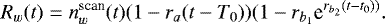 Mathematical equation: \begin{equation*} R_w(t)=n_w^{\textrm{scan}}(t)(1-r_a(t-T_0))(1-r_{b_1}\textrm{e}^{r_{b_2}(t-t_0))}.\end{equation*}