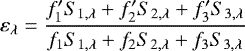 Mathematical equation: \begin{equation*} \varepsilon_{\lambda} = \frac{f\prime_1 S_{1,\lambda} + f\prime_2 S_{2,\lambda} + f\prime_3 S_{3,\lambda}}{f_1 S_{1,\lambda} + f_2 S_{2,\lambda} + f_3 S_{3,\lambda}} \end{equation*}