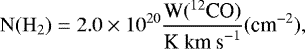 Mathematical equation: \begin{equation*} \mathrm{N(H_2)}=2.0 \times 10^{20} \frac{{\textrm{W}(^{12}\textrm{CO})}}{\textrm{K~km~s}^{-1}} (\textrm{cm}^{-2}),\end{equation*}