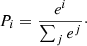 Mathematical equation: $$ \begin{aligned} P_{i} = \frac{e^{i}}{\sum _{j}^{\,}{e^{j}}}\cdot \end{aligned} $$