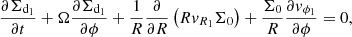 Mathematical equation: $$ \begin{aligned} \frac{\partial \Sigma _{\mathrm{d}_1}}{\partial t}+\Omega \frac{\partial \Sigma _{\mathrm{d}_1}}{\partial \phi }+\frac{1}{R}\frac{\partial }{\partial R}\left(R { v}_{R_1} \Sigma _0\right) + \frac{\Sigma _0}{R}\frac{\partial { v}_{\phi _1}}{\partial \phi } = 0, \end{aligned} $$