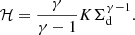 Mathematical equation: $$ \begin{aligned} {\mathcal{H} } = \frac{\gamma }{\gamma -1} K \Sigma _{\rm d}^{\gamma -1}. \end{aligned} $$