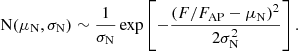 Mathematical equation: $$ \begin{aligned} \mathrm{N} (\mu _\mathrm{N} , \sigma _\mathrm{N} ) \sim \frac{1}{\sigma _\mathrm{N} }\exp \left[-\frac{(F/F_\mathrm{AP} -\mu _\mathrm{N} )^2}{2\sigma _\mathrm{N} ^2}\right]. \end{aligned} $$