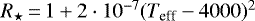 Mathematical equation: $R_{\star}\,{=}\,1+2\cdot10^{-7}(T_{\textrm{eff}}-4000){}^2$