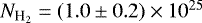 Mathematical equation: $N_{\textrm{H}_{2}} = (1.0 \pm 0.2) \times10^{25}$