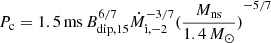 Mathematical equation: $ P_{\mathrm{c}} = 1.5\,\mathrm{ms}\,B_{\mathrm{dip,15}}^{6/7} \dot{M}_{\mathrm{i,-2}}^{-3/7} {(\frac{M_{\mathrm{ns}}}{1.4\,M_{\odot}})}^{-5/7} $