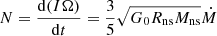 Mathematical equation: $ N = \frac{\mathrm{d}(I \Omega)}{\mathrm{d}t} = \frac{3}{5} \sqrt{G_0 R_{\mathrm{ns}} M_{\mathrm{ns}}} \dot{M} $