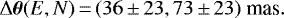 Mathematical equation: \begin{equation*} \Delta{\vec\theta}(E,N) \,{=}\,(36\,{\pm}\,23, 73\,{\pm}\,23)~\textrm{mas}.\end{equation*}