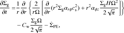 Mathematical equation: \begin{align*}\frac{\partial \Sigma_{\textrm{g}}}{\partial t} =& \frac{1}{r}\frac{\partial}{\partial r}\left\{\frac{2}{r\Omega}\left[\frac{\partial}{\partial r}(r^2 \Sigma_{\textrm{g}}\alpha_{r\phi}c_{\textrm{s}}^2) + r^2 \alpha_{\phi z}\frac{\Sigma_{\textrm{g}}H\Omega^2}{2\sqrt{\pi}} \right]\right\}\nonumber\\&- C_{\textrm{w}} \frac{\Sigma_{\textrm{g}}\Omega}{2\sqrt{\pi}} - \dot{\Sigma}_{\textrm{PE}},\end{align*}