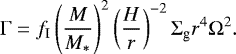 Mathematical equation: \begin{equation*}\Gamma = f_{\textrm{I}} \left(\frac{M}{M_*}\right)^{2}\left(\frac{H}{r}\right)^{-2} \Sigma_{\textrm{g}} r^4 \Omega^2.\end{equation*}