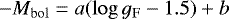 Mathematical equation: \begin{equation*}-M_{\mathrm{bol}}=a(\log g_{\mathrm{F}}-1.5)+b\end{equation*}