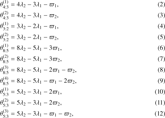 Mathematical equation: \begin{align} \theta_{4:3}^{(1)} &= 4\lambda_2 - 3\lambda_1 - \varpi_1,\\ \theta_{4:3}^{(2)} &= 4\lambda_2 - 3\lambda_1 - \varpi_2,\\ \theta_{3:2}^{(1)} &= 3\lambda_2 - 2\lambda_1 - \varpi_1,\\ \theta_{3:2}^{(2)} &= 3\lambda_2 - 2\lambda_1 - \varpi_2,\\ \theta_{8:5}^{(1)} &= 8\lambda_2 - 5\lambda_1 - 3\varpi_1,\\ \theta_{8:5}^{(2)} &= 8\lambda_2 - 5\lambda_1 - 3\varpi_2,\\ \theta_{8:5}^{(3)} &= 8\lambda_2 - 5\lambda_1 - 2\varpi_1 - \varpi_2,\\ \theta_{8:5}^{(4)} &= 8\lambda_2 - 5\lambda_1 - \varpi_1 - 2\varpi_2,\\ \theta_{5:3}^{(1)} &= 5\lambda_2 - 3\lambda_1 - 2\varpi_1,\\ \theta_{5:3}^{(2)} &= 5\lambda_2 - 3\lambda_1 - 2\varpi_2, \\ \theta_{5:3}^{(3)} &= 5\lambda_2 - 3\lambda_1 - \varpi_1-\varpi_2,\end{align}