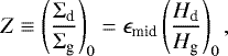 Mathematical equation: \begin{equation*} Z\equiv \left(\frac{\Sigma_{\textrm{d}}}{\Sigma_{\textrm{g}}}\right)_{0} = \epsilon_{\textrm{mid}} \left(\frac{H_{\textrm{d}}}{H_{\textrm{g}}}\right)_{0}, \end{equation*}