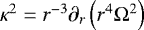 Mathematical equation: $\kappa^2=r^{-3}\partial_r\left(r^4\Omega^2\right)$