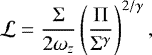 Mathematical equation: \begin{equation*}\mathcal{L} = \frac{\Sigma}{2 \omega_{z}} \left(\frac{\Pi}{\Sigma^{\gamma}}\right)^{2/\gamma} ,\end{equation*}