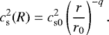 Mathematical equation: \begin{equation*} c_{\textrm{s}}^2(R)= c_{\textrm{s}0}^2 \left(\frac{r}{r_{0}}\right)^{-q}. \end{equation*}