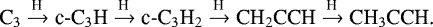 Mathematical equation: \[\textrm{C}_3 \xrightarrow{\textrm{H}} \textrm{c-C}_3\textrm{H} \xrightarrow {\textrm{H}} \textrm{c-C}_3\textrm{H}_2\xrightarrow {\textrm{H}} \textrm{CH}_2\textrm{CCH} \xrightarrow {\textrm{H}} \textrm{CH}_3\textrm{CCH.}\]