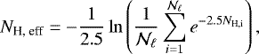 Mathematical equation: \begin{equation*}N_{\textrm{H, eff}} = -\frac{1}{2.5} \ln \left (\frac{1}{\mathcal{N}_{\ell}} \sum_{i=1}^{\mathcal{N}_{\ell}} e^{-2.5 N_{\textrm{H,i}}} \right),\end{equation*}
