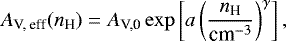 Mathematical equation: \begin{equation*}A_{\textrm{V, eff}}(n_{\textrm{H}}) = A_{\textrm{V,0}} \exp \left [a \left (\frac{n_{\textrm{H}}}{\textrm{cm}^{-3}} \right)^{\gamma} \right],\end{equation*}