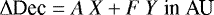 Mathematical equation: \begin{equation*}\Delta {\textrm{Dec}} = A~X + F~Y ~{\textrm{in}~\textrm{AU}} \end{equation*}