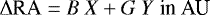 Mathematical equation: \begin{equation*}\Delta {\textrm{RA}} = B~X + G~Y ~{\textrm{in}~\textrm{AU}} \end{equation*}