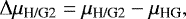 Mathematical equation: \begin{equation*}\Delta \mu_{\textrm{H/G2}} = \mu_{\textrm{H/G2}} - \mu_{\textrm{HG}},\end{equation*}