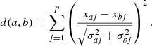 Mathematical equation: $$ \begin{aligned} d(a,b) = \sum _{j=1}^p \left(\frac{x_{aj} - x_{bj}}{\sqrt{\sigma _{aj}^2 + \sigma _{bj}^2}} \right)^2 .\end{aligned} $$