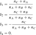 Mathematical equation: $$ \begin{aligned} \delta _1&= \frac{n_C+n_A}{n_A+n_B+n_C}\nonumber \\ \delta _2&= \frac{n_C+n_B}{n_A+n_B+n_C}\nonumber \\ \delta _3&= -\frac{n_C}{n_A+n_B+n_C}\nonumber \\ \delta _4&= 0. \end{aligned} $$