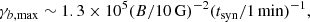 Mathematical equation: $$ \begin{aligned} \gamma _{b,\max }\sim 1.3\times 10^5 (B/10\,\mathrm{G})^{-2} (t_{\mathrm{syn}}/1\,\mathrm{min} )^{-1}, \end{aligned} $$