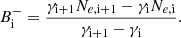 Mathematical equation: $$ \begin{aligned} B^-_\mathrm{i}&= \frac{{\gamma }_\mathrm{i+1} N_{e\mathrm{,i+1} }-{\gamma }_\mathrm{i} N_{e\mathrm{,i} }}{\gamma _\mathrm{i+1} - \gamma _\mathrm{i} }. \end{aligned} $$