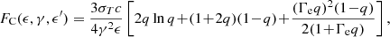 Mathematical equation: $$ \begin{aligned} F_{\rm C}(\epsilon , \gamma , \epsilon^\prime ) = \frac{3\sigma _T c}{4\gamma ^2 \epsilon } \left[2q\ln q\!+\!(1\!+\!2q)(1\!-\!q) \!+\! \frac{(\Gamma _{\rm e} q)^2(1\!-\!q)}{2(1\!+\!\Gamma _{\rm e} q)} \right], \end{aligned} $$