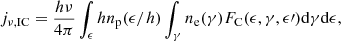Mathematical equation: $$ \begin{aligned} j_{\nu ,\mathrm{IC}} = \frac{h \nu }{4\pi } \int _{\epsilon } h n_{\rm p}(\epsilon /h) \int _{\gamma } n_{\rm e}(\gamma ) F_{\rm C}(\epsilon , \gamma , \epsilon \prime ) \mathrm{d}\gamma \mathrm{d}\epsilon , \end{aligned} $$