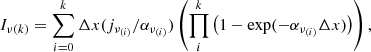 Mathematical equation: $$ \begin{aligned} I_{\nu (k)} = \sum ^{k}_{i=0} \Delta x (j_{\nu _{(i)}}/\alpha _{\nu _{(i)}}) \left( \prod ^{k}_{i} \left(1-\exp (-\alpha _{\nu _{(i)}}\Delta x) \right) \right), \end{aligned} $$