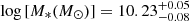Mathematical equation: $ \log\,[M_*(M_\odot)]=10.23^{+0.05}_{-0.08} $
